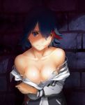  1girl aconitea bad_id black_hair blood blue_eyes bow bra breast_hold breasts cleavage collarbone highres jacket kill_la_kill large_breasts long_sleeves matoi_ryuuko multicolored_hair off_shoulder red_hair reluctant scrape short_hair solo strap_slip translucent_hair two-tone_hair underwear white_bra 