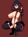  1girl black_hair boots breasts brown_background clenched_teeth embarrassed high_heels highres hikora huge_breasts kill_la_kill living_clothes matoi_ryuuko multicolored_hair revealing_clothes senketsu short_hair simple_background skirt solo squatting suspenders teeth thigh_boots thighhighs two-tone_hair 