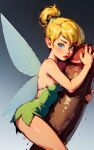  1boy 1girl ai_generated blonde_hair blue_eyes disney disney_fairies erection fairy grey_background huge_penis looking_at_viewer male/female minigirl penis peter_pan size_difference solo_focus tinker_bell 