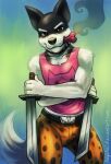  1boy 2010s 2015 2d 2d_(artwork) anthro anthro_only ass bara bottomwear bulge canid canine canis clothed clothed_male clothing deviantart digital_media_(artwork) dog dog_boy dog_ears doggo_(undertale) domestic_dog furry furry_male furry_only gradient_background green_background haychel holding_sword holding_weapon male male_anthro male_only mammal monster monster_boy pink_tank_top pink_topwear smoking solo_anthro solo_male sword tank_top topwear undertale undertale_(series) video_game_character video_games weapon yellow_bottomwear 