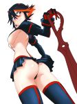  1girl ass bad_id black_hair blue_eyes boots breasts chikuishi from_below highres kill_la_kill looking_back matoi_ryuuko microskirt multicolored_hair pleated_skirt red_hair revealing_clothes scissor_blade senketsu short_hair sideboob simple_background skirt suspenders thigh_boots thighhighs thong two-tone_hair underboob white_background 