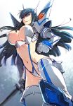  1girl black_hair boots breasts from_below highres junketsu kill_la_kill kiryuuin_satsuki large_breasts light_trail living_clothes long_hair navel redrop revealing_clothes rough sketch solo sword thigh_boots thighhighs underboob weapon 