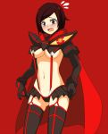  1girl blush breasts brown_hair cape color_connection cosplay crossover embarrassed gloves grey_eyes highres kill_la_kill living_clothes matoi_ryuuko matoi_ryuuko_(cosplay) midriff navel open_mouth parody red red_hair revealing_clothes rouzille ruby_rose rwby senketsu short_hair silver_eyes simple_background skirt skirt_hold solo suspenders thighhighs underboob wavy_mouth 