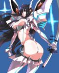  1girl absurdres ass black_hair blue_background breasts elbow_gloves eyebrows frown gloves green_eyes highres junketsu katana kill_la_kill kiryuuin_satsuki large_breasts long_hair looking_at_viewer makai revealing_clothes solo sword thighhighs thong weapon white_gloves white_legwear 