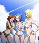 3girls aoi_(dirty_prison_ship) aoi_cameron armpits asymmetrical_docking bangs bikini blonde_hair blue_eyes blush body_blush breast_hold breast_press breasts brown_hair butcha-u cleavage cloud dark_skin dirty_prison_ship eroquis female glasses green_eyes hair_ornament hair_over_one_eye hairclip halterneck hand_on_another&#039;s_shoulder hand_on_hip hips holding huge_breasts injuu_kangoku innertube jewelry large_breasts leaning_forward lipstick liz_(dirty_prison_ship) liz_glover long_hair looking_at_viewer looking_back makeup milf mole multiple_girls navel official_art one_eye_closed open_mouth outdoors parted_bangs ponytail profile purple_eyes purple_hair rail_(dirty_prison_ship) rail_schwartz ring scrunchie semi-rimless_glasses short_hair sideboob sky smile spiked_hair sports_bikini standing string_bikini striped striped_bikini striped_swimsuit surprised sweatdrop swimsuit tan taut_clothes tentacle tentacles thigh_gap turtleneck unaligned_breasts under-rim_glasses underboob wedding_band wide_hips wink wristband you_gonna_get_raped