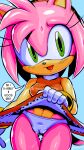 1girl amy_rose cameltoe dress_lift female_focus furry furry_female gloves green_eyes hotred is_(artist) looking_at_viewer panties partially_visible_vulva pussy_juice rockthebull sega simple_background sonic sonic_the_hedgehog_(series) wet white_hair