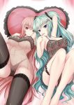 2_girls 2girls aqua_hair arm armpits arms art bare_legs barefoot big_breasts black_panties black_thighhighs blue_eyes blush breasts camisole candy cleavage clothed_navel clothing erect_nipples erect_nipples_under_clothes feet female food friends green_hair hair_ornament hatsune_miku heart high_resolution holding legs licking light-skinned lingerie lollipop long_hair looking_at_viewer luka_megurine lying megurine_luka miku_hatsune multiple_girls navel nightgown nipples no_bra on_back one_arm_up panties pantsu pink_eyes pink_hair see-through thighhighs tied_hair tongue twintails underboob underwear very_long_hair vocaloid yuri zheyi_parker