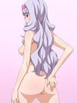  1girl alluring arm arms art ass babe bare_legs bare_shoulders breasts female gradient gradient_background hair hairband hand_on_ass hand_on_leg highres idolmaster legs looking_at_viewer looking_back mei_ichi naughty_face nipples nude pink_background purple_eyes shijou_takane shiny shiny_skin sideboob silver_hair smile solo standing voluptuous 
