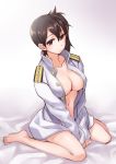 1_girl 1girl art bare_legs barefoot bed big_breasts breasts brown_eyes brown_hair cleavage collarbone cuteanimegirls_(artist) feet female kaga_(kantai_collection) kantai_collection large_breasts legs naked_shirt navel neck open_clothes open_shirt serious short_hair side_ponytail sitting solo uniform v_arms wariza