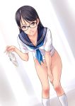  1girl black_eyes black_hair bottomless collarbone commentary_request downblouse glasses highres holding holding_clothes holding_panties holding_underwear leaning_forward long_hair looking_at_viewer norizou_type-r original panties panties_removed school_uniform simple_background skirt solo underwear white_background 
