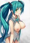  1girl aqua_hair arm arms art babe bare_legs between_breasts big_breasts blush bottomless breasts breasts_out breasts_outside collared_shirt female green_eyes hair_ornament hatsune_miku high_res highres large_breasts legs lips looking_at_viewer matsui_hiroaki miku_hatsune mound_of_venus neck necktie nipples no_panties open_clothes open_mouth parted_lips shiny shiny_hair shiny_skin shirt sleeveless sleeveless_shirt solo twin_tails very_long_hair vocaloid 