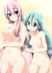 2girls aqua_eyes aqua_hair art big_breasts blue_eyes blush breast_envy breasts cleft_of_venus commentary_request crossed_arms female friends hair_down hatsune_miku highres large_breasts long_hair looking_at_breasts luka_megurine megurine_luka miku_hatsune multiple_girls nagami_yuu navel nipples nude open_mouth pink_hair pussy small_breasts steam towel vocaloid yuri