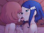 2girls arm arms art ayase_naru bare_shoulders bed blanket blue_eyes blue_hair blush brown_hair chiwino commentary_request female flat_chest french_kiss from_above hair hair_ornament hairclip half-closed_eyes hand_holding heart_hairclip holding_hands interlocked_fingers kiss kissing love lying multiple_girls neck nipples nude on_side open_mouth pillow pink_hair pretty_(series) pretty_rhythm pretty_rhythm_rainbow_live red_hair rinne_(pretty_rhythm) saliva short_hair tongue tongue_out yellow_eyes yuri