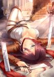  1girl attack_on_titan black_eyes blush boots breasts broken broken_sword broken_weapon brown_hair cleavage commentary_request female large_breasts looking_at_viewer lying mikasa_ackerman open_clothes open_shirt paradis_military_uniform parted_lips photoshop_(medium) scarf shingeki_no_kyojin shiny shiny_skin shirt solo sword tears thigh_gap torn_clothes weapon yukiko013 