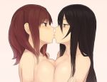 2girls arm arm_grab arms art babe bare_shoulders big_breasts black_hair blush breast_press breasts brown_eyes brown_hair chiwino cleavage commentary_request earrings eye_contact female hair half-closed_eyes hug hugging imminent_kiss jewelry kiss kissing large_breasts lips long_hair looking_at_another love multiple_girls mutual_yuri neck nude oppao-san original parted_lips purple_eyes short_hair sideboob simple_background symmetrical_docking twintails yuri