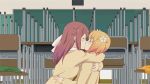 2girls chair chalkboard classroom desk female friends gif hug hugging kiss kissing love multiple_girls sakura_trick school_uniform sonoda_yuu sweater takayama_haruka yuri