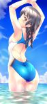 1girl armpits arms_up ass bare_shoulders bikini black_eyes black_hair blue_swimsuit braid butt_crack cloud commentary_request competition_swimsuit cowboy_shot day from_behind highres long_hair looking_at_viewer looking_back nagayori ocean one-piece_swimsuit original outdoors partial_commentary shiny shiny_skin sky solo standing swimsuit twin_braids wading water wet