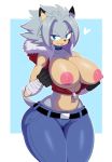 &lt;3 1girl anthro areola bandage big_breasts black_nose blue_eyes bottomwear breasts clothed clothing collar demeter_(alphalyons) eulipotyphlan fan_character flashing fur furry grey_fur grey_hair hair half-closed_eyes hedgehog high_res jeans looking_at_viewer mammal nipples pants partially_clothed pink_areola pink_nipples sega sssonic2 tongue tongue_out wide_hips