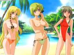 3_girls 3girls :o ahoge arm_at_side asymmetrical_hair beach bikini bikini_bottom black_bow blonde_hair blush bob_cut bow bow_panties breasts breasts_apart casual_one-piece_swimsuit chair closed_mouth cloud cowboy_shot day embarrassed female_only flipped_hair frilled_panties frills green_eyes green_hair green_panties grey_hair groin hair_bow hair_ribbon hand_on_own_hip hand_up heterochromia highleg highleg_swimsuit highres hosoda_naoto kareha kojima_chika legs_apart legs_together light_smile long_hair looking_at_viewer mayumi_thyme medium_breasts multiple_girls navel nipples nude_filter one-piece_swimsuit orange_bow orange_panties outdoors outside palm_tree panties parted_lips pointy_ears public_indecency public_nudity purple_eyes red_one-piece_swimsuit ribbon ribbon-trimmed_panties ribbon_trim shigure_asa short_hair_with_long_locks shuffle! side-tie_panties sidelocks sky small_breasts smile standing string_panties surprised swimsuit table third-party_edit topless tree tress_ribbon umbrella underwear underwear_only very_long_hair water watermark