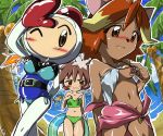 1boy 2girls animal_ears animal_nose annoyed antenna_hair arm_at_side arm_behind_back arm_up bangs bare_shoulders belt bikini bikini_top_only blonde_hair blue_leotard blue_sky blush body_fur bodysuit bomb bomberman bomberman_jetters breast_conscious breast_padding breasts brown_eyes brown_fur brown_hair cat_ears cat_girl censored_nipples closed_mouth cloud coconut coconut_tree collarbone convenient_censoring cowboy_shot crossdressing day embarrassed explosive fisheye flat_chest fuse gem green_bikini groin hand_up highres holding holding_innertube innertube jewelry legs_together leotard looking_at_another looking_at_viewer misty_(bomberman) multicolored_hair multiple_girls navel necklace no_mouth nose_blush ocean one_breast_out one_eye_closed outdoors outline palm_tree pink_sarong red_gemstone sand shiny shiny_skin short_hair shout_(bomberman) side-tie_bikini_bottom sidelocks sky small_breasts standing stomach straight-on strapless strapless_bikini swimsuit swimsuit_over_clothes takobooru transparent tree two-tone_hair v-shaped_eyebrows walking water waving white_bodysuit white_bomberman white_outline wink