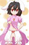  1girl :3 animal_ears black_hair bloomers bunny_ears crotchless_panties dress dress_lift female inaba_tewi mokuyou panties pussy red_eyes solo tewi_inaba thigh_gap touhou uncensored underwear 