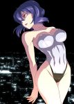  1_girl 1girl arched_back arm art babe bare_legs bare_shoulders big_breasts breasts caffein city cityscape cleavage clothed_navel collarbone female ghost_in_the_shell ghost_in_the_shell_stand_alone_complex hair_between_eyes kusanagi_motoko large_breasts legs leotard lips looking_back mound_of_venus neck night night_sky open_mouth purple_hair red_eyes shiny shiny_hair short_hair skin_tight solo strapless 