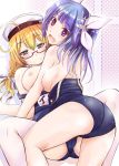  2_girls 2girls ahoge all_fours arino_hiroshi arm arm_support arms ass back bare_back bare_legs beret big_breasts blonde blonde_hair blue_hair blush braid breasts breasts_out breasts_outside cameltoe female friends girl_on_top glasses green_eyes hair_ribbon happy hat high_res highres i-19_(kantai_collection) i-8_(kantai_collection) kantai_collection large_breasts legs long_hair looking_at_viewer looking_back lying multiple_girls off_shoulder on_back one-piece_swimsuit open_mouth purple_eyes ribbon school_swimsuit sideboob smile spread_legs strap_slip swimsuit twintails yuri 