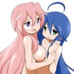 2girls ahoge arm arm_grab arms art asymmetrical_docking babe bad_id bad_pixiv_id bare_shoulders big_breasts blue_hair blush breast_press breasts clenched_hand collarbone embarrassed eye_contact female flat_chest friends glasses green_eyes hair hair_between_eyes izumi_konata large_breasts long_hair looking_at_another lucky_star medium_breasts mizushima_(p201112) mole mole_under_eye multiple_girls neck nude open_mouth pink_hair purple_eyes shiny shiny_hair shiny_skin shy sideboob simple_background smile symmetrical_docking takara_miyuki white_background yuri
