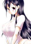  1girl absurdres black_hair blush breasts commentary_request covered_nipples highres kaizuka large_breasts long_hair looking_at_viewer original panties purple_eyes shirt_tug simple_background solo underwear white_background 