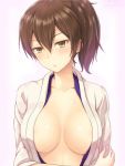  1_girl 1girl arm arm_grab art big_breasts blush breasts brown_hair cleavage collarbone female hair_between_eyes high_res highres japanese_clothes kaga_(kantai_collection) kanden_suki kantai_collection large_breasts looking_at_viewer neck open_clothes serious short_hair shy side_ponytail simple_background solo sweat sweating white_background yellow_eyes 