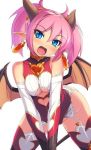 1girl :d bat_wings bent_over blue_eyes blush breast_press breasts clothed demon_girl demon_horns demon_wings earrings fang female garter_belt garter_straps head_tilt horns jewelry jpeg_artifacts lilim_(shingeki_no_bahamut) mel/a open_mouth pink_hair pointy_ears ririmu_tia scrunchie shingeki_no_bahamut short_twintails slit_pupils smile solo tail thighhighs twintails underboob v_arms wings