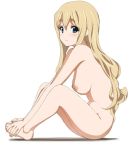  1girl a1 arm arms art bare_legs bare_shoulders barefoot big_breasts blonde blonde_hair blue_eyes blush breasts completely_nude feet female full_body hair holding_own_foot k-on! kotobuki_tsumugi large_breasts legs light_smile long_hair looking_at_viewer medium_breasts nipples nude photoshop_(medium) shadow sideboob simple_background sitting smile solo thick_eyebrows v_arms white_background 