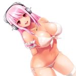 1girl arms_behind_back art big_breasts bikini breasts female female_only fishnets headphones huge_breasts jewelry koshika_rina long_hair looking_at_viewer necklace nitroplus open_mouth photoshop_(medium) pink_eyes pink_hair side-tie_bikini_bottom simple_background smile solo super_sonico swimsuit white_background white_bikini
