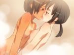 2_girls 2girls arms bare_shoulders black_hair blush breast_press breasts brown_eyes brown_hair bunbun dark_skin eye_contact female female/female female_only flat_chested hair kissing looking_at_another multiple_girls mutual_yuri neck nipples nipples_touching nude one-piece_tan open_mouth original ponytail short_hair small_breasts steam sweat sweating symmetrical_docking tan tan_line wet young yuri