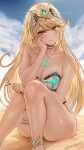  1girl alluring bare_shoulders big_breasts blonde_hair blush chest_jewel cleavage core_crystal_(xenoblade) feet_out_of_frame hand_on_own_face high_res long_hair magion02 mythra mythra_(radiant_beach) nintendo official_alternate_costume one-piece_bikini one-piece_swimsuit swimsuit tiara white_one-piece_swimsuit xenoblade_(series) xenoblade_chronicles_2 yellow_eyes 