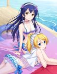 2girls arm_support art ass ayase_eli bikini blonde_hair blue_eyes blue_hair bracelet breasts cleavage collarbone commentary_request earrings female frilled_bikini frills hairband highres innertube jewelry long_hair looking_at_viewer looking_back love_live! love_live!_school_idol_project lying medium_breasts multiple_girls natsuiro_egao_de_1_2_jump! necklace ocean on_stomach open_clothes open_shirt parted_lips photoshop_(medium) pier ponytail shirt sideboob sitting sonoda_umi swimsuit tucana water white_bikini yellow_eyes