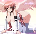 1girl :o all_fours angel_wings areolae ass bare_shoulders bed between_breasts big_breasts blush bottomless breasts brown_hair chain_between_breasts chains collar detached_sleeves embarrassed gradient_hair green_eyes grey_legwear hair_ribbon hanging_breasts ikaros kafu long_hair multicolored_hair nipples open_clothes open_mouth open_shirt panties panties_around_leg pink_hair pink_panties revision ribbon shirt solo sora_no_otoshimono thighhighs twintails underwear very_long_hair wings