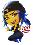  1girl 1girl 2d ;p ass bare_shoulders beanie black_legwear blue_hair brown_eyes color covered_breasts emoji emoji_(race) female_only grin hat jailbreak kneel legwear looking_back no_nose open_mouth ponytail shadman short_hair skull smile teeth the_emoji_movie tied_hair tight tongue tongue_out yellow-skinned_female yellow_skin 