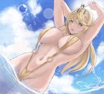  1girl absurd_res alluring arms_up big_breasts blonde_hair blue_sky breasts calmgreentori circlet cloud cloudy_sky commentary english_commentary high_res long_hair looking_at_viewer mythra navel nintendo o-ring o-ring_swimsuit open_mouth outside sky sling_bikini slingshot_swimsuit stomach swept_bangs swimsuit water xenoblade_(series) xenoblade_chronicles_2 yellow_eyes yellow_slingshot_swimsuit 