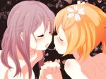 2girls after_kiss arm arms art back bare_back bare_shoulders black_background blonde_hair blush breasts cherry_blossoms closed_eyes commentary_request completely_nude female floral_background flower friends hair hair_flower hair_ornament hand_holding highres interlocked_fingers kiss kissing long_hair love multiple_girls nora_ichigo nude open_mouth orange_hair petals pink_hair red_hair sakura_trick saliva saliva_trail short_twintails sonoda_yuu takayama_haruka tongue tongue_out twintails yuri