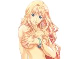 1girl arm arms art babe bare_shoulders blonde blonde_hair blue_eyes blush bracelet breasts collarbone covering covering_breasts earrings female hair jewelry looking_at_viewer macross macross_frontier neck nipples nude sakaki_(artist) sheryl_nome shiny shiny_skin simple_background smile solo topless very_long_hair white_background