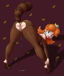  ass blue_eyes bodysuit buttplug cosplay crown legoman lm_(legoman) looking_at_viewer looking_back nintendo princess_daisy pussy red_hair sex_toy smile solo sr super_mario_bros. tanooki_suit 