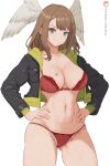 1girl alluring big_breasts black_jacket blue_eyes bra breast_tattoo brown_hair cleavage closed_mouth commentary english_commentary eunie_(xenoblade) green_jacket hands_on_own_hips head_wings high_res hood hood_down hooded_jacket jacket long_hair looking_at_viewer multicolored_clothes multicolored_jacket navel nintendo panties patreon_username red_bra red_panties smile tattoo two-tone_jacket underwear white_background white_wings wings xenoblade_(series) xenoblade_chronicles_3 zelc-face