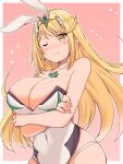  1girl 1girl alluring arms_under_breasts bare_shoulders big_breasts blonde_hair blush chinese_zodiac cleavage collarbone covered_navel cowboy_shot crossed_arms curvy female_focus high_res highleg highleg_leotard kurokaze_no_sora leotard matching_hair/eyes mythra_(xenoblade) navel nintendo playboy_bunny standing strapless strapless_leotard white_leotard wide_hips xenoblade_(series) xenoblade_chronicles_2 year_of_the_rabbit yellow_eyes 