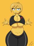  1girl 1girl 5_fingers big_ass big_breasts blonde_hair blue_eyes drake-rex emoji emoji_(race) gym_uniform mary_meh mature_female meme milf mrs._meh pogchamp sony_pictures_animation source_request tagme the_emoji_movie thick_thighs yellow_body yellow_skin yoga_pants 
