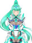  1girl alluring big_breasts cleavage closed_eyes clothed flag_(artist) green_hair nintendo pin_up pneuma_(xenoblade) ponytail xenoblade_(series) xenoblade_chronicles_2 