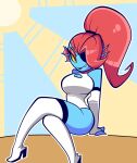 1girl 2010s 2018 2d 2d_(artwork) alternate_breast_size alternate_costume anthro anthro_only arm_support ass big_breasts black_eyepatch blue_body blue_skin breasts cleavage cleavage_cutout clothed_anthro clothed_female clothing curvy deviantart digital_media_(artwork) ear_fins eyelashes eyepatch female_anthro female_only fins fish fish_girl hair head_fins high_heel_boots legwear leotard long_boots long_hair looking_at_viewer marine monster monster_girl multicolored_background nelljoestar nipples non-mammal_breasts ponytail pussy red_hair red_ponytail sharp_teeth simple_background slit_pupils smile smirk solo_anthro solo_female stocking stockings teeth undertale undertale_(series) undyne video_game_character video_games white_clothing white_high_heel_boots white_leotard white_teeth yellow_sclera