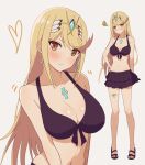  1girl absurd_res alluring alternate_costume bare_shoulders big_breasts bikini black_bikini blonde_hair blush chest_jewel commentary_request full_body hand_on_own_hip headpiece high_res long_hair looking_at_viewer mythra navel nintendo sandals standing swept_bangs swimsuit thigh_strap tiara very_long_hair white_background xenoblade_(series) xenoblade_chronicles_2 yellow_eyes yoshikirino 