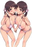  2girls :o ;) asymmetrical_docking bikini blush bow breast_press breasts brown_eyes brown_hair commentary_request frilled_bikini frills hair_bow holding_hands honoji huge_breasts multiple_girls one_eye_closed open_mouth original revision shiny shiny_skin siblings sisters smile swimsuit twins twintails v 