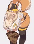  1girl 1girl 2021 anthro ass ball baseball_(ball) baseball_(sport) baseball_cap baseball_glove bent_over big_breasts bikini bikini_bottom blonde_hair blue_eyes bodily_fluids breasts canid canine catcher&#039;s_mitt cervina7_(artist) cleavage clothed clothing countershading faeki_(character) female_anthro fox fox_ears fox_girl furry gif hair hanging_breasts hat headgear headwear huge_breasts kemono legwear looking_at_viewer loop mammal motion_tweening nipple_outline nipples nipples_visible_through_clothing open_mouth raised_tail shirt shorter_than_10_seconds shorter_than_30_seconds sport stockings stockings sweat sweaty sweaty_breasts tagme text_on_clothing thick_thighs thighs translucent wet wet_clothing wet_shirt wet_topwear 